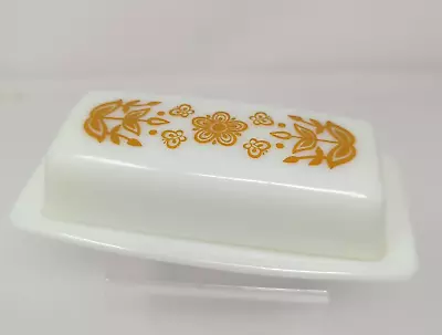 VINTAGE Milk Glass PYREX BUTTER DISH Gold Butterflies Flowers Pattern W/ COVER • $15.95