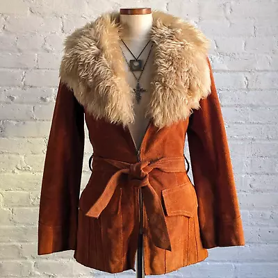 70s Penny Lane Groovy Suede Fur Jacket Furry Genuine Leather Mod Trench Coat • $499