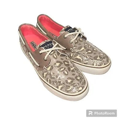 Sperry Bahama Greige Leopard Print Boat Shoes Sequins 9447517 Sz 6.5 • $20