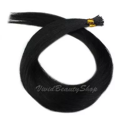 25 Stick I Tip Micro Beads Rings Straight Remy Human Hair Extension Jet Black #1 • $35.99