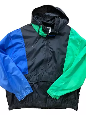 Pacific Coast Mens VTG Windbreaker Jacket Medium Black Green Blue Nylon Hooded  • $22