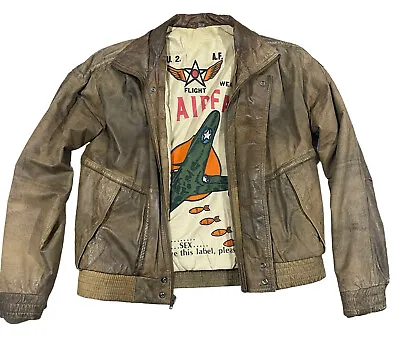 Vintage U2 Wear Me Out Leather Jacket Size 38 WWII Plane Military Graphic Lining • $89.99