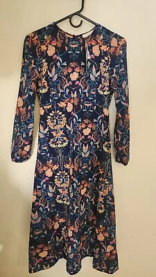 I. Madeline Dress Anthropology Large Navy Coral  Floral Midi Fit Flare Pullover • $34.95