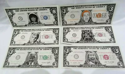 6 Vintage Bill &Hillary Clinton Three Dollar $3 $4 $8 Bill Novelty Monica Satire • $20