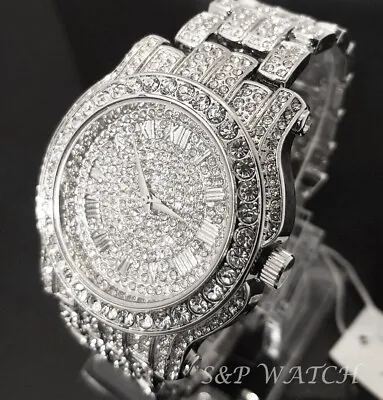 Men Hip Hop Icy Iced Silver Plated Alloy Bling Cubic Zirconia Bling Luxury Watch • $26.95