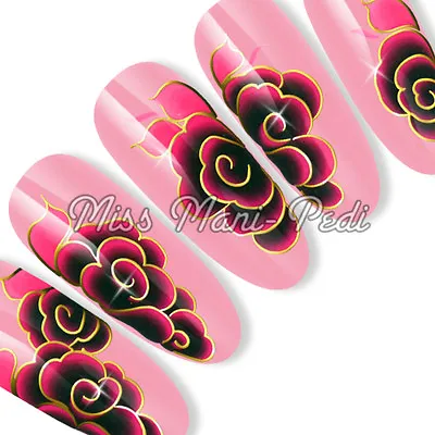 £1.50 • Buy Nail Art Long Nails Water Decals Transfers Sticker Pink & Black Roses SL029 Gold