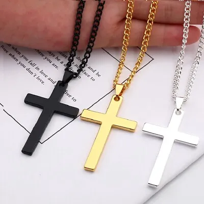 Cross Pendant Necklace Stainless Steel Plated Silver Gold Men Women Cuban Chain • $4.05