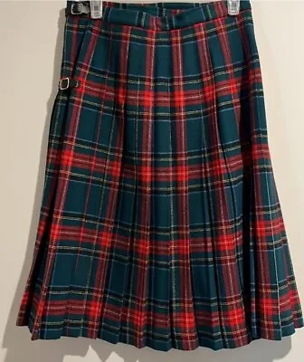 Laird-Portch Of Scotland Blue Plaid 100% Wool Kilt Pleated Wrap Skirt Sz 2/4 EUC • $29.99