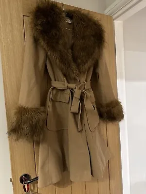 Miss Selfridge Beige Coat Faux Fur Cuff And Collar Size 8 • £9.50