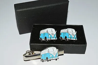 £13.99 • Buy Pale Blue Camper Van Cufflinks And Tie Clip Set. Gift Boxed Wedding Enamel Men's