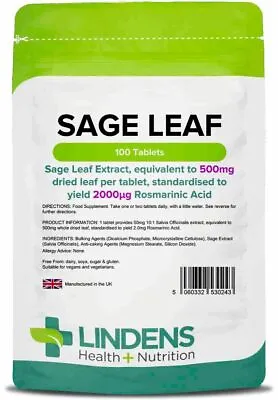 **Lindens SAGE Leaf 500mg 100 Tablets  MENOPAUSE Health Hot Sweats Flushes** • £7.49