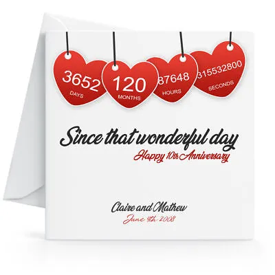 £2.95 • Buy Personalised 10th Wedding Anniversary Card With Printed Red Hearts - Tenth