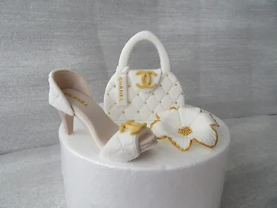 Edible Handmade Shoe Handbag Flower Fondant Sugar Paste Cake Topper (White) • £27.99