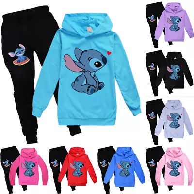Boys Girls Kids Lilo Stitch Hooded Jumper Sweatshirt Tops Pants Outfit Tracksuit • £10.99