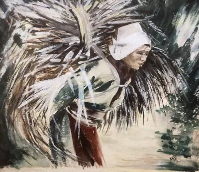 Vintage 1956 Asian Vietnamese ? Woman Harvesting On Field Watercolor Ciancimino • $200