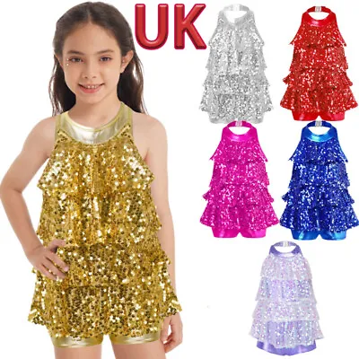 UK Sequins Dance Dress Girls Sparkle Unitards Jazz Hip Hop Leotard Costume Kids • £14.10