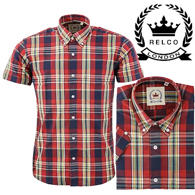 Men's Relco Red Blue Tartan Check Short Sleeve With Button Down Collar Shirt • £39.99