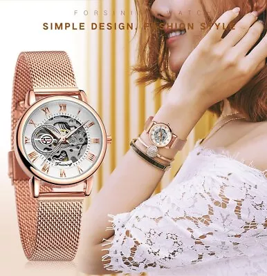 Ladies Skeleton Mechanical Watch Luminous Hands Mesh Steel Strap Women's Watches • $20.99