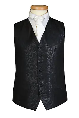 Mens Black Waistcoat Wedding Vest Formal Waiters Work Bar Fancy Dress Swirl UK • £9.99