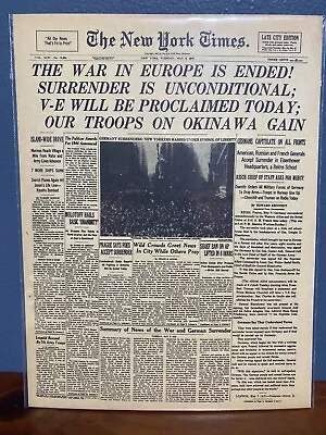 8x10 VINTAGE NEWSPAPER HEADLINE~WAR IN EUROPE ENDS V-E DAY WWII 1945 GERMANY • $11.49