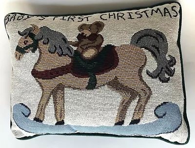 $14.50 • Buy Baby's First Christmas Throw Pillow, VTG Tapestry Teddy Bear On A Rocking Horse
