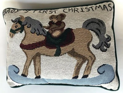 $14.50 • Buy Baby's First Christmas Throw Pillow, VTG Tapestry Teddy Bear On A Rocking Horse