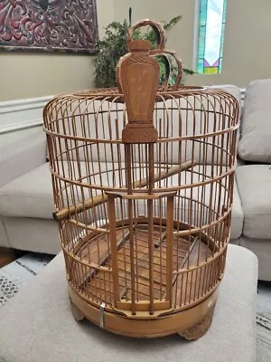 LARGE Vintage Bamboo Birdcage Round Carved Bamboo Wooden Bird Cage • $145