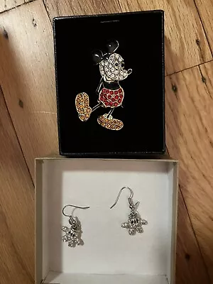 Mickey Mouse Disney Park French Hook Earrings And Broach Pin Swarovski • $10