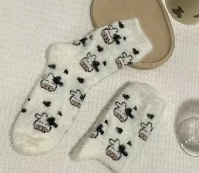 Cute Cow Spots Print Socks Thickened & Warm Coral Fleece Socks. Size 3-7 UK • £10.79