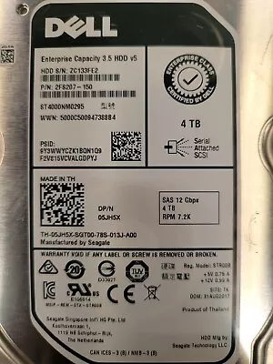 DELL / SEAGATE 4TB 3.5  12G SAS ENTERPRISE CAPACITY V5 HDD MODEL: ST4000NM0295 • $45