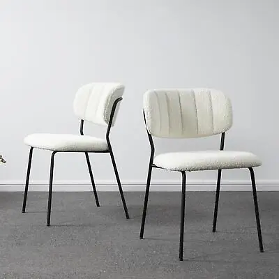 2x Modern Dining Chairs White Boucle Upholstered Seat With Black Legs • £99.99