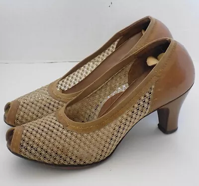 Vintage 40s 50s Light Brown Leather Mesh Peep Toe Shoes 8 1/2 Treadeasy • $42.80