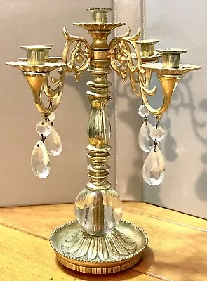 Vintage Candelabra 5 Arm Candle Holder Brass  Crystals USA “Illy” MCM Retro • $48.25