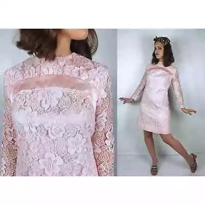 Vintage 60s LACE Pastel Pink WIGGLE DRESS Small Pinup Mad Men 50s Cocktail Party • $9.99