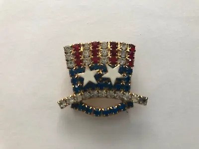 Vintage UNCLE SAM HAT Patriotic Rhinestones Pin Brooch US FLAG STARS Red Blue • $49.99