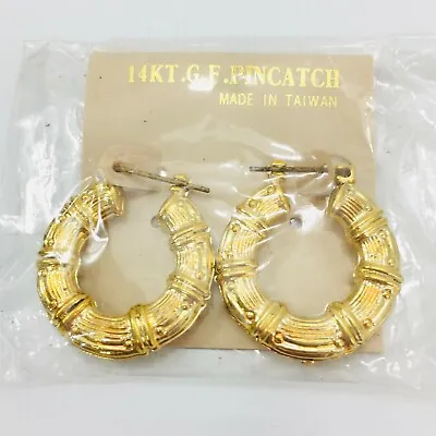 Vintage Puffy Gold Hoop Earrings Pierced Bamboo Embossed 1  • $14.99
