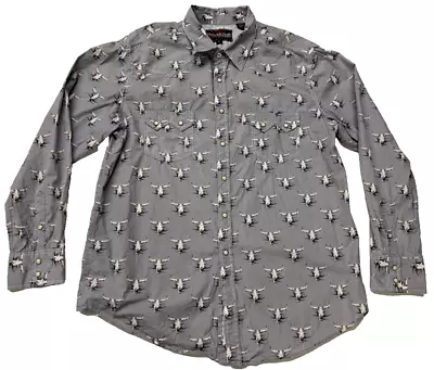 Vintage Rock & Roll Cowboy Shirt Mens XL Gray Longhorn Skulls Pearl Snap Western • $19.99