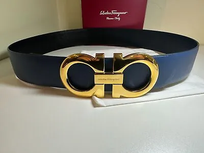 Salvatore Ferragamo Reversible Blue And Black Leather Xl Gold Buckle Belt • $185