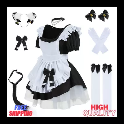 Black French Maid Outfit Lace Apron Furry Cat Ears Cosplay Lolita Anime Costume • $56