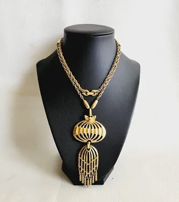 Monet Statement Necklace Articulated Fringed Pendant 28  Gold Tone Vintage • $35