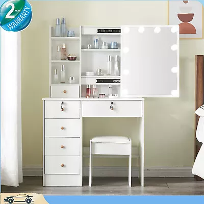 White Dressing Table Set With LED Light 6 Drawers Mirror Bedroom Makeup Desk UK • £140.76