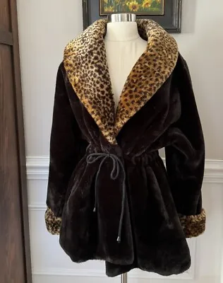 Vintage 90s Penny Lane Coat Jacket Faux Fur Leopard Print Trench Small • $128