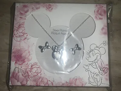 NEW Disney Minnie Mouse Necklace And Bow Silver Plated Jewellery Set • £13.99
