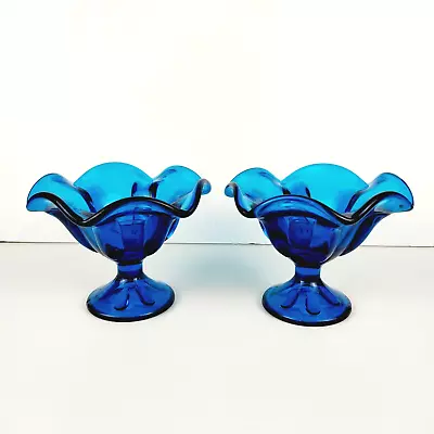 Vintage Viking Glass Blue Ruffled 6 Petal Candlestick Holder Set - Lot Of 2 • $24.70