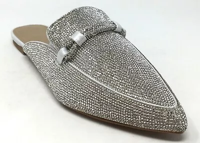 Silver Rhinestone Studded Bejeweled Women's Size 9 Pointed Toe Flat Mule Loafers • $25