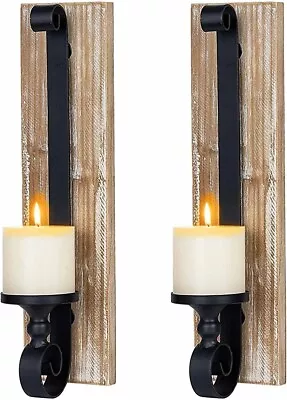 Wall Sconce Candle Holder (Set Of 2) Black Wall-Mount Metal And Wooden Candle... • £19.23
