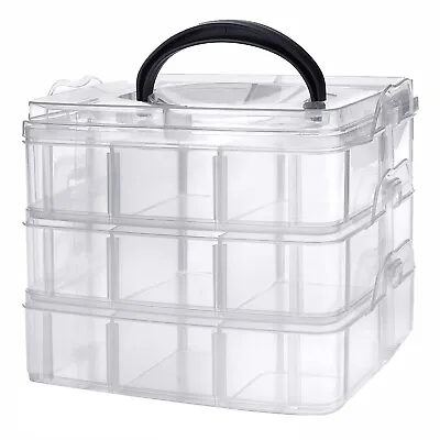 Adjustable 3-Tier Storage Box Stackable Multi Slot Plastic Craft Organizer Home • £9.99