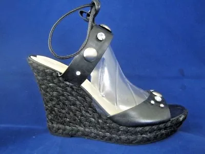 VIA SPIGA Black Leather Grommets Platform Espadrille Wedge Sandals 8.5 New • $109