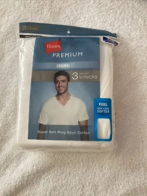 $4.99 • Buy Hanes Premium Original Fit V-Neck Mens T-Shirts White (3) Pack Size Large