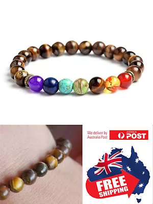 New 7 Chakra Stone Bead Brown Bracelet Men Women Natural Balance Healing 1pc • $5.95